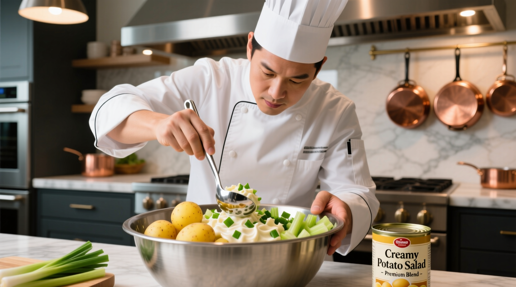 Professional chef preparing canned potato salad