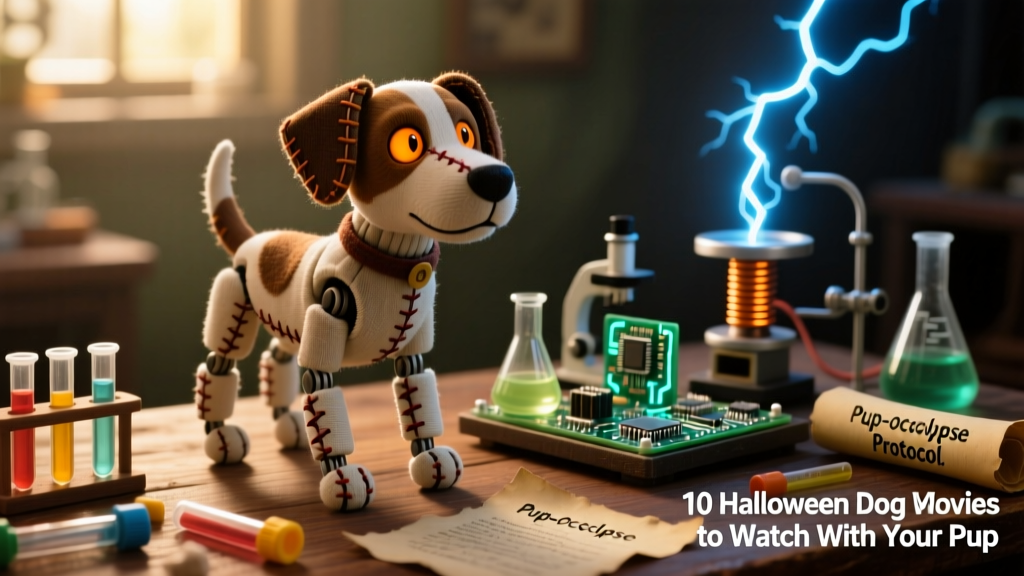A stop-motion dog with stitched seams and glowing eyes, standing beside a miniature laboratory with lightning bolts in the background