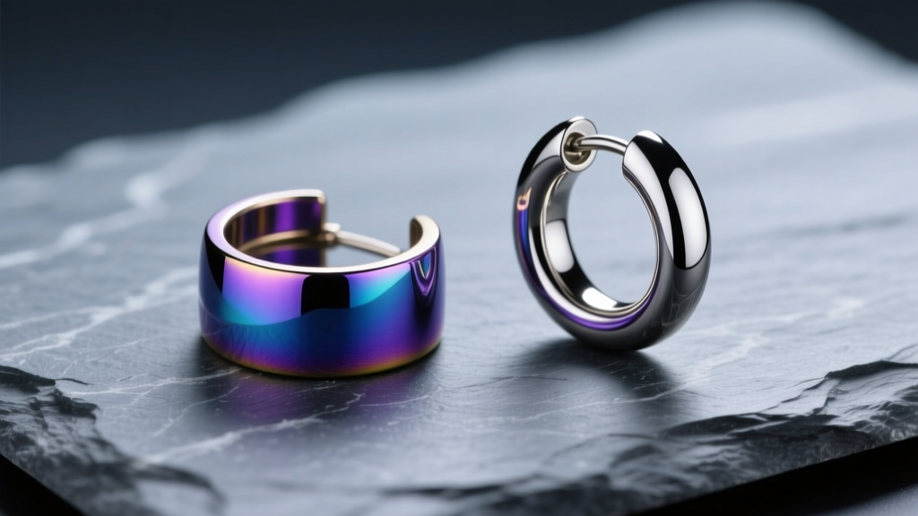 Macro comparison of an anodized niobium ear cuff and a polished titanium huggie hoop on slate under cool studio lighting.