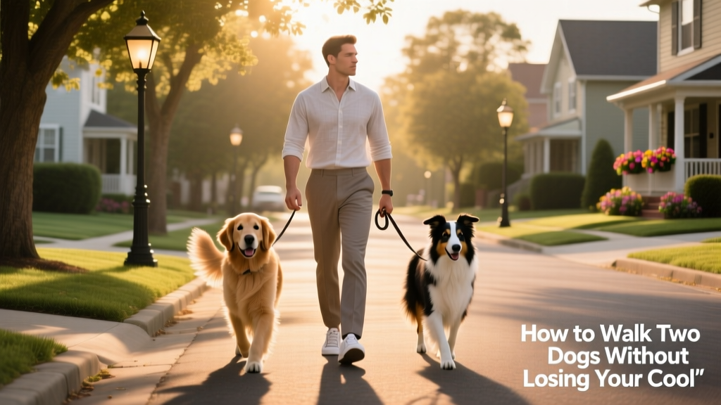 A calm, well-trained person walking two dogs side-by-side on a quiet neighborhood street, leashes held comfortably in one hand