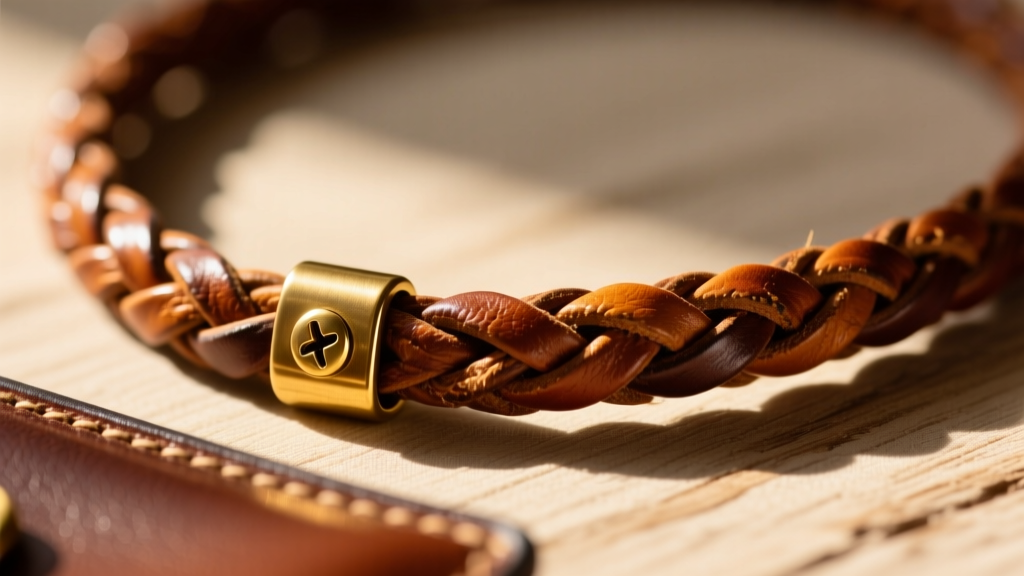 Macro shot of braided full-grain leather wallet necklace cord showing patina and brass screw-lock hardware in warm sunlight.