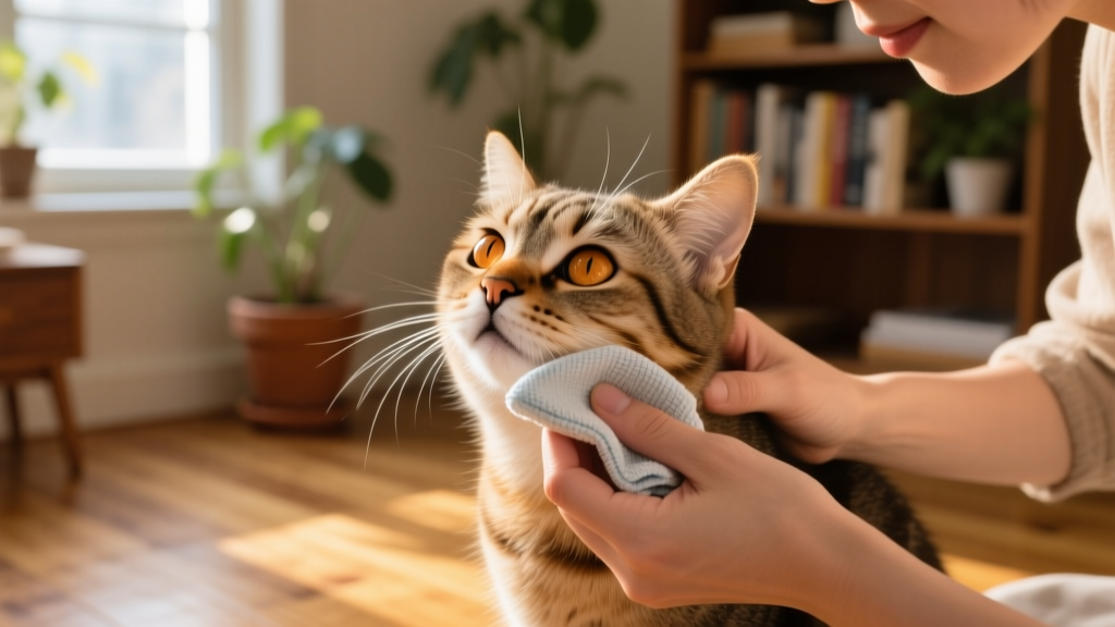 Owner using a soft cloth to gently wipe discharge from a cat's nose and eyes