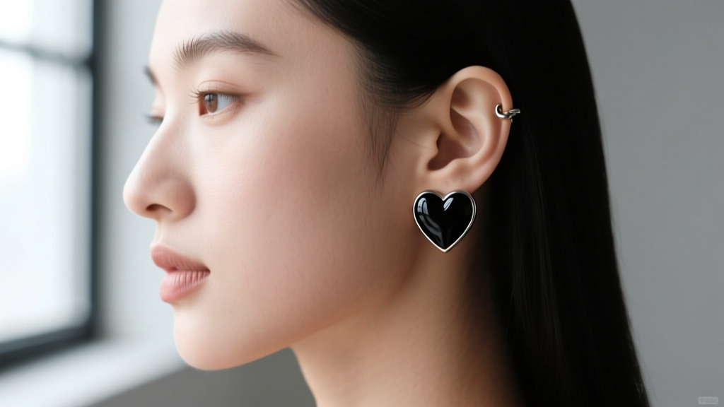 Side profile of a woman wearing a 16-gauge black enamel heart huggie earring on her upper helix piercing in soft studio light