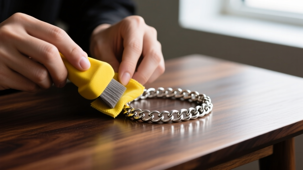 Hands using a yellow micro-abrasive polishing cloth to buff a tarnished 925 sterling silver chain bracelet on a dark wooden table