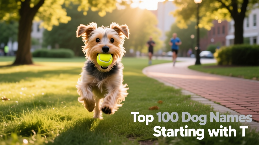 small terrier running in a park with a tennis ball in its mouth