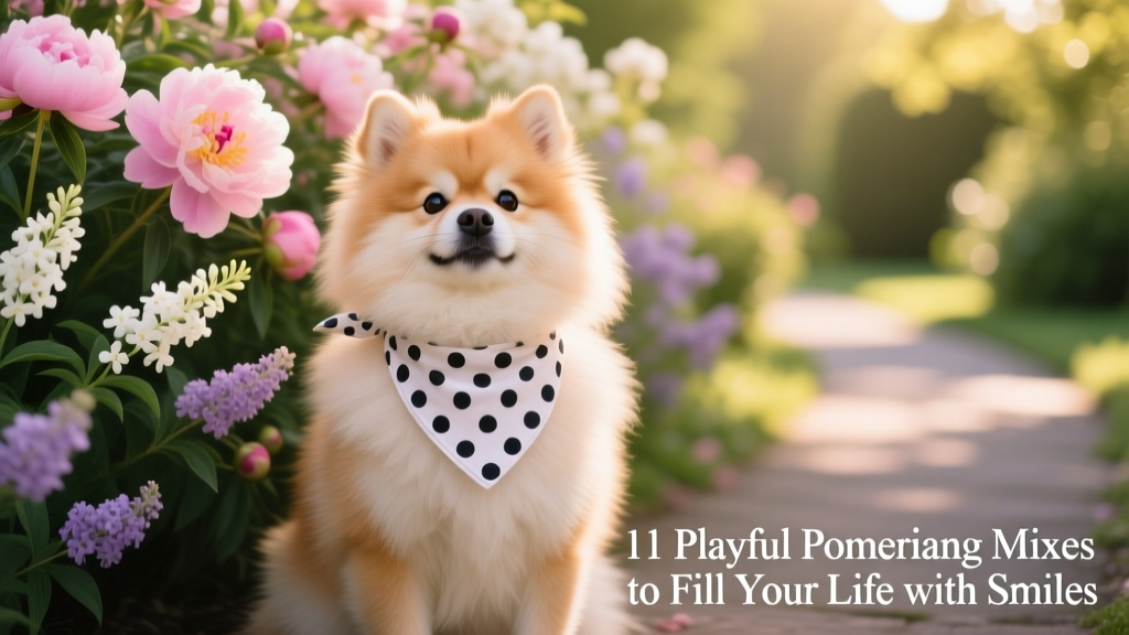 Pomsky sitting in front of flowering bush wearing a bandana