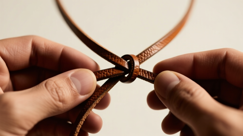 Close-up of hands tying a brown leather slip knot for necklace adjustment, macro photography, warm studio lighting, sharp focus.