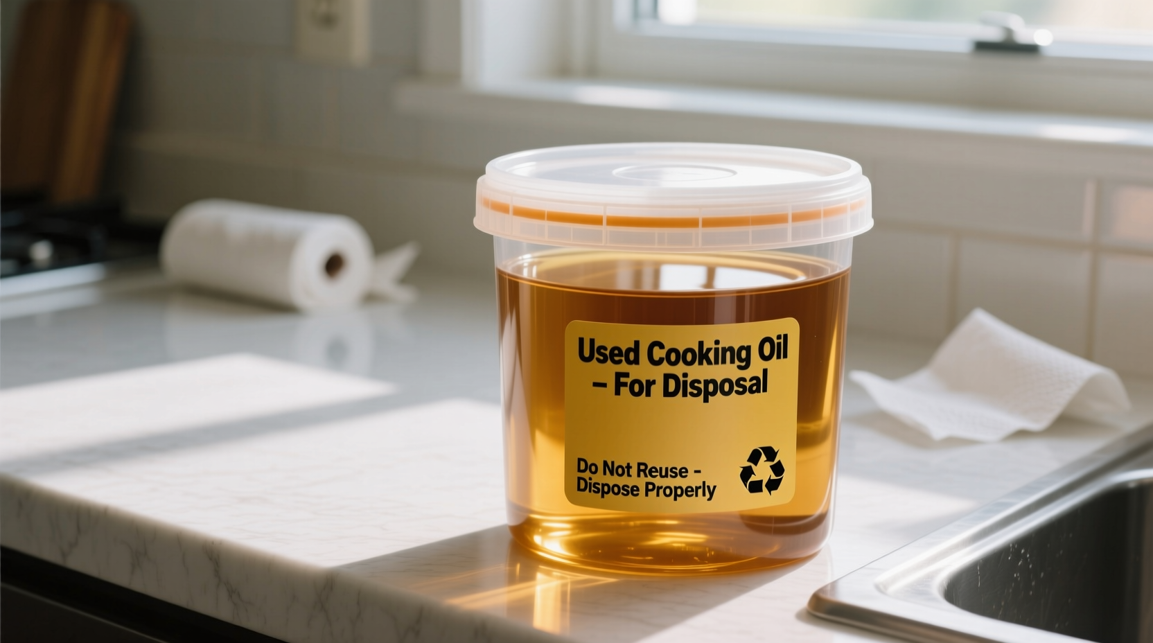 Properly sealed container of cooled cooking oil for disposal