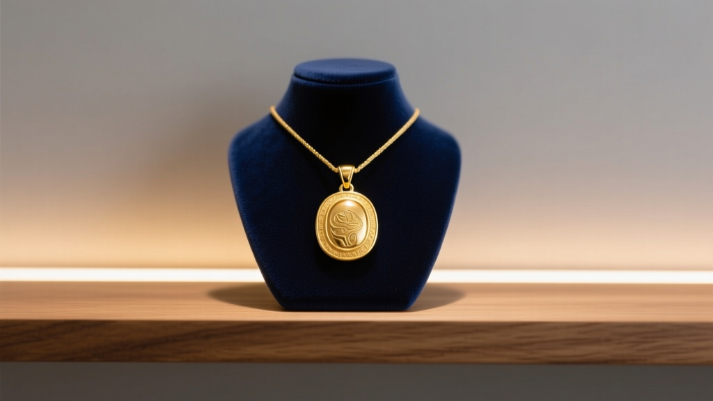 Warm LED strip lights under a wooden shelf, highlighting a 14k yellow gold pendant resting on a dark velvet jewelry display bust.