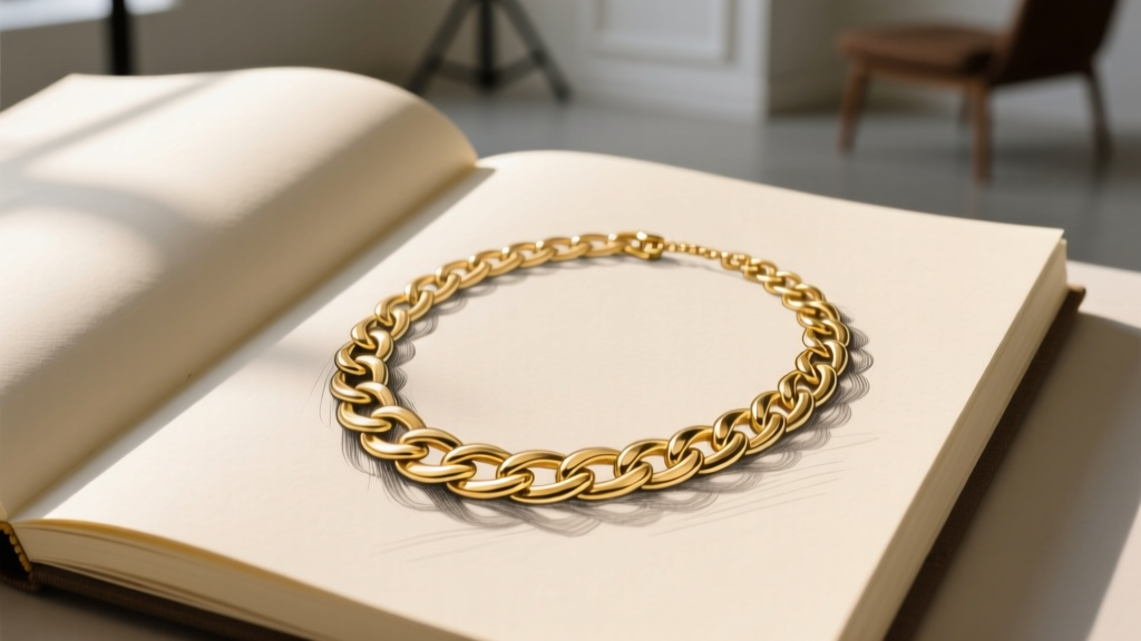 Open jewelry sketchbook featuring a highly detailed, photorealistic graphite rendering of a gold curb chain necklace drape.