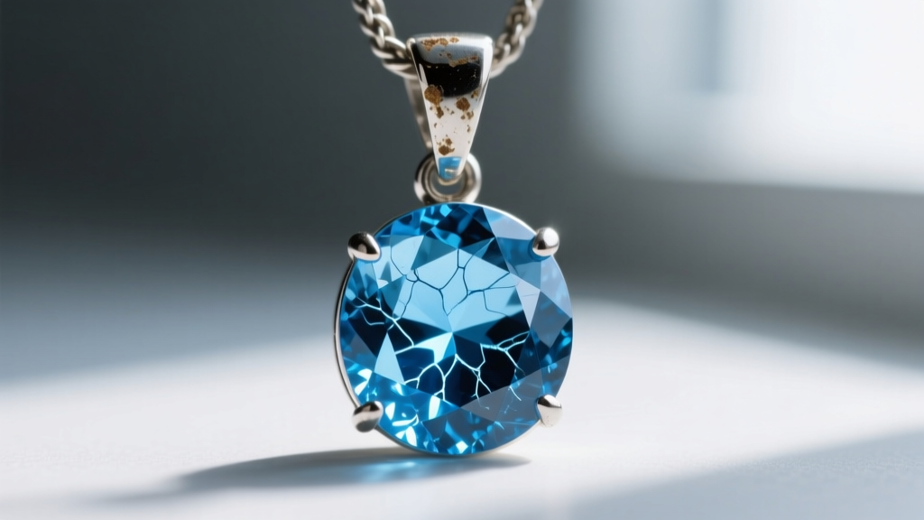 Macro shot of a cracked Swiss blue topaz pendant revealing internal stress fractures near a tarnished silver prong setting