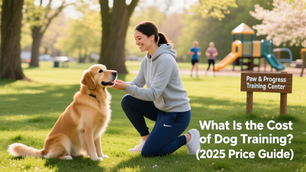 A friendly trainer guiding a golden retriever through a 'sit' command in a sunny outdoor park setting