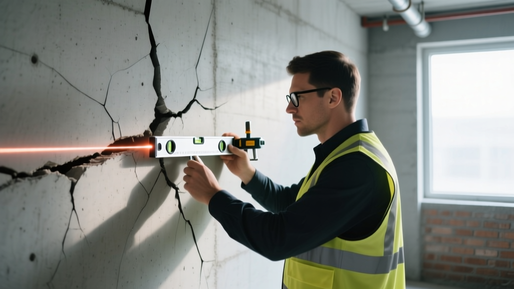 Structural engineer inspecting a severe horizontal crack in a poured concrete basement wall using a laser level and deflection gauge