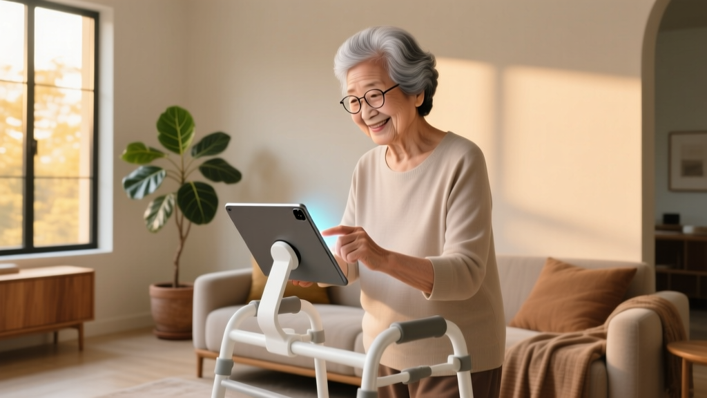 An elderly woman smiling while using a smart tablet mounted on a walker, with a modern living room in the softly lit background.