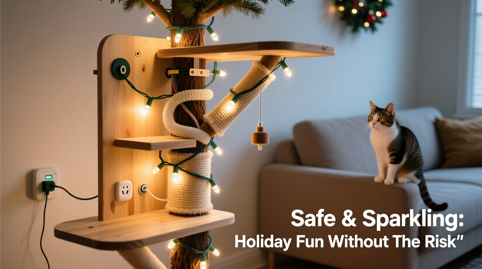how to integrate christmas lights into a cat tree without electrocution risk or tempting chew zones