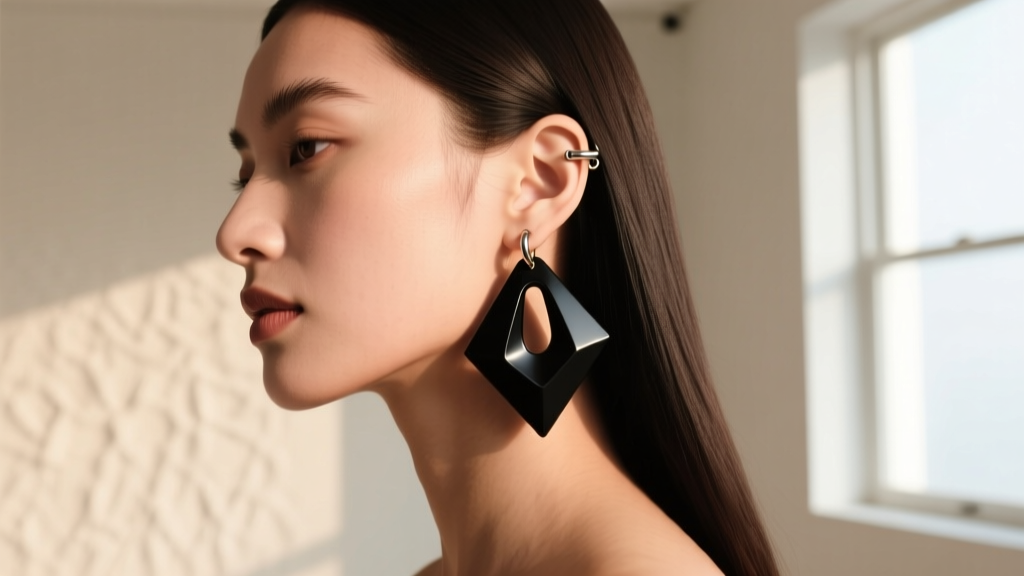 Side profile of a model wearing a cartilage cuff attached to a large lightweight resin statement drop earring in black