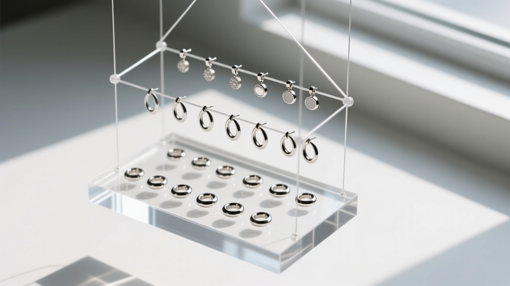 Overhead view of a minimalist clear acrylic and tension-wire earring organizer holding delicate titanium studs and small huggies.