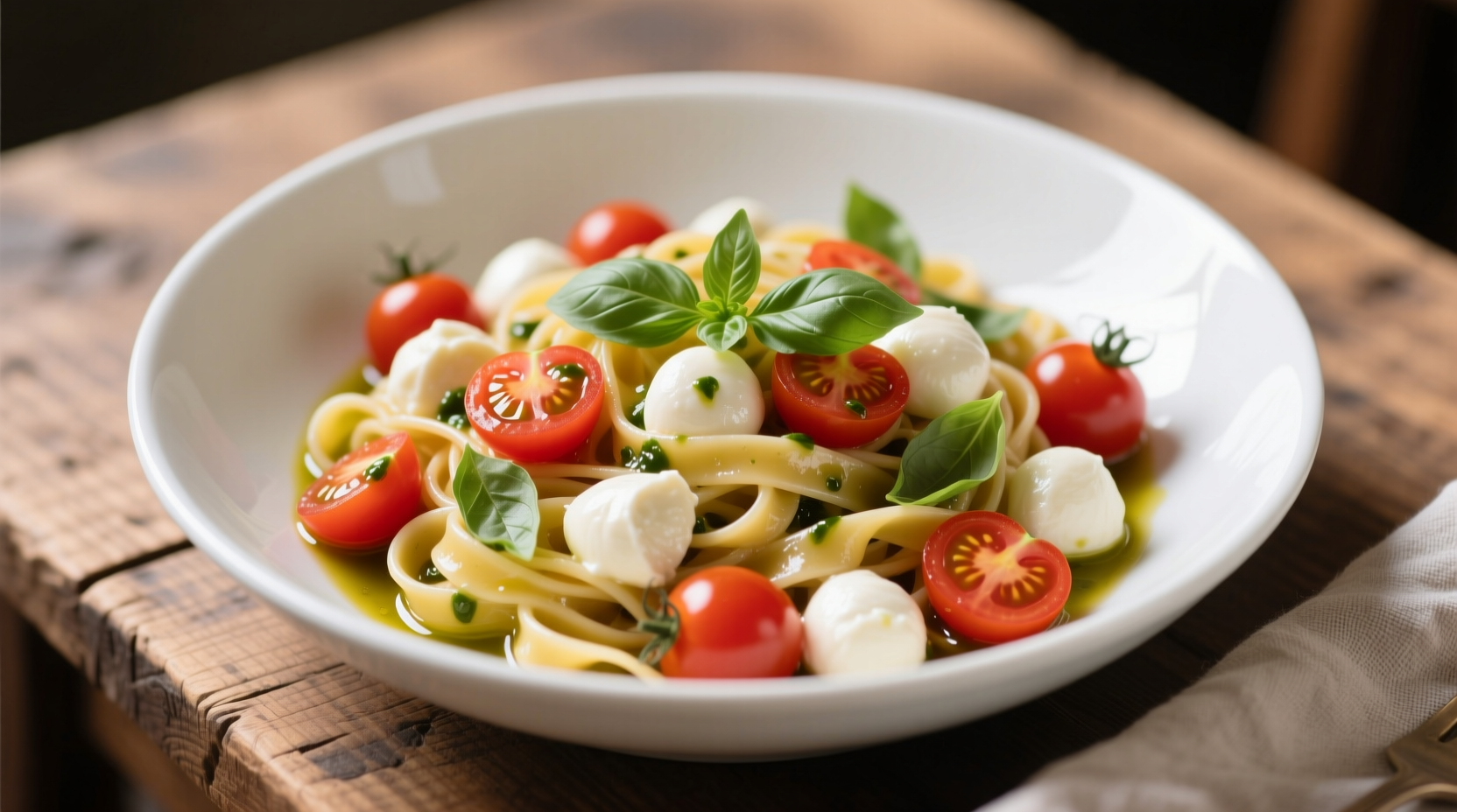 Fresh tomato and mozzarella pasta in white bowl
