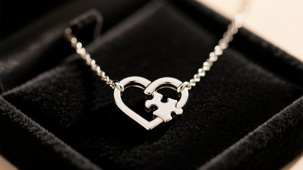Interlocking silver lovers necklace on dark velvet, highlighting the puzzle-piece connection joint under soft, warm studio lighting.
