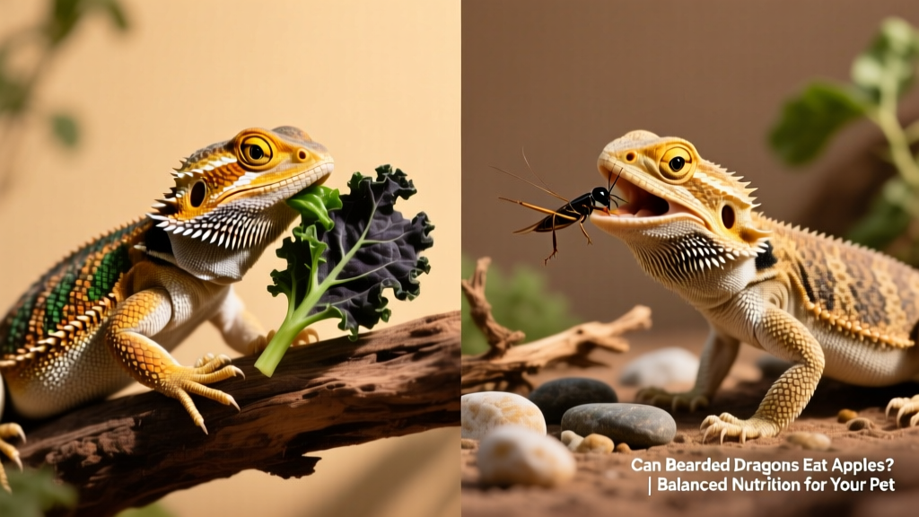 Side-by-side comparison of a healthy bearded dragon eating dark leafy greens and another eating crickets, highlighting balanced daily nutrition