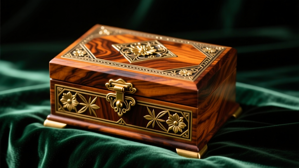 Close-up of an ornate 1890s burl walnut vintage Victorian jewelry box with brass inlay, resting on dark emerald velvet surface.