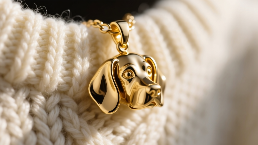Macro shot of a 3D gold beagle pendant with floppy ears catching on a chunky knit cream sweater, showing a common snag hazard.