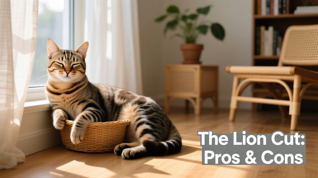 Happy, relaxed cat lounging in sunlight after a fresh lion cut, looking sleek and content