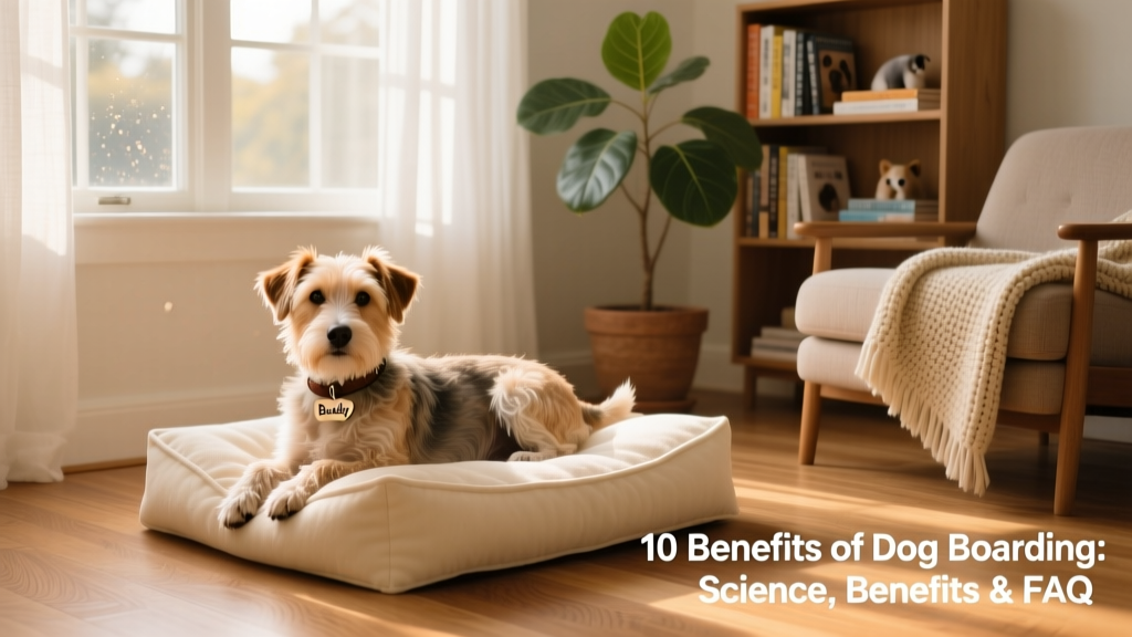 A relaxed terrier mix resting on a cozy dog bed beside a window in a warm, tidy living room