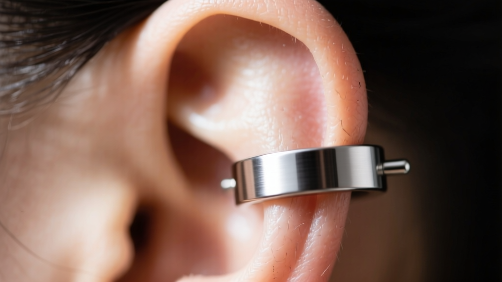 Detailed view of an 18-gauge titanium cartilage cuff on the upper helix, highlighting the tension gap and smooth polished edges