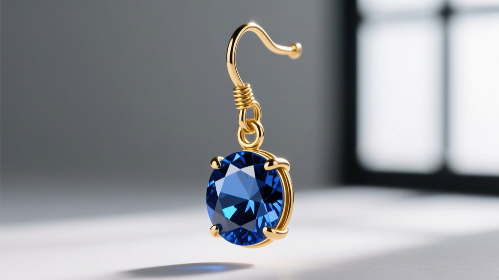 Macro shot of an 18-gauge gold wire post attached to a blue sapphire earring drop, highlighting the secure jump ring bail.