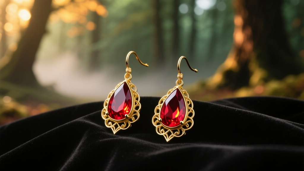 Ruby and gold teardrop fairy tale earrings on dark velvet, lit by warm woodland lighting with a softly blurred forest background.
