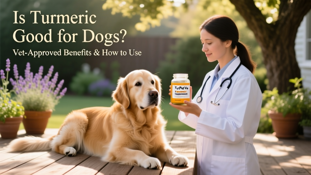 A veterinarian holding a small jar of FurPetVo turmeric supplement next to a calm, senior golden retriever