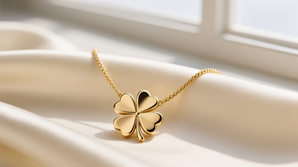 A 14k gold four-leaf clover necklace on cream silk, soft light highlighting polished metal edges and a delicate cable chain.
