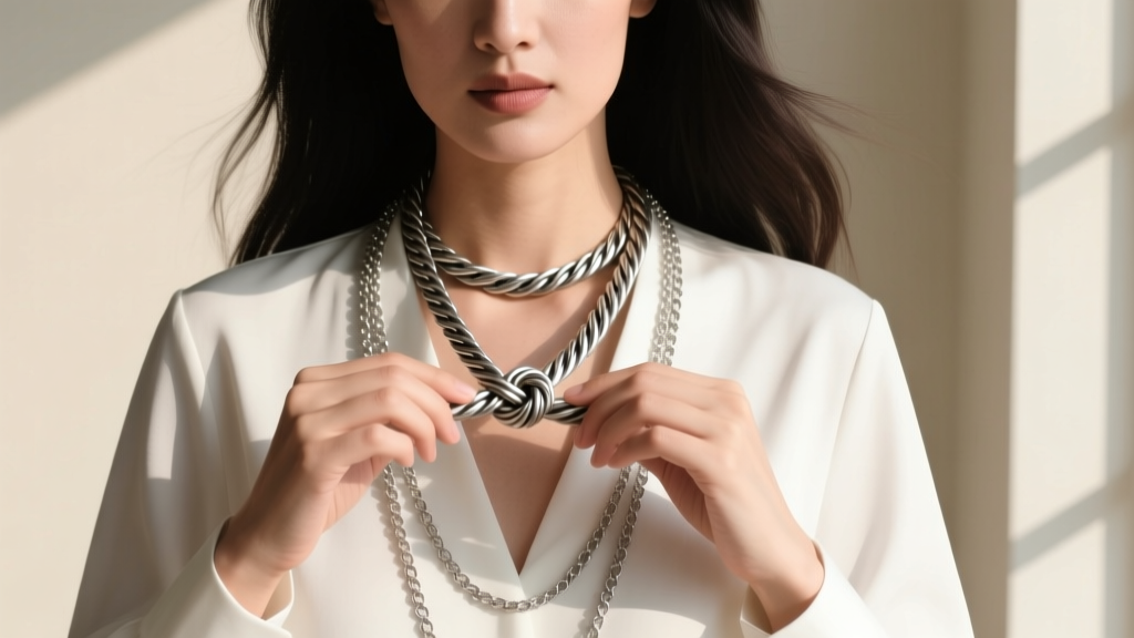 Woman wearing layered sterling silver chains, demonstrating a larks head knot adjustment on a thick oxidized silver cord necklace.