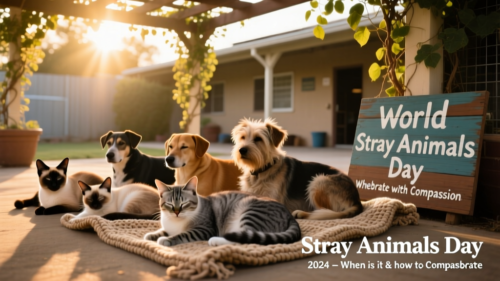 A diverse group of healthy stray cats and dogs resting peacefully in a sunlit community shelter courtyard