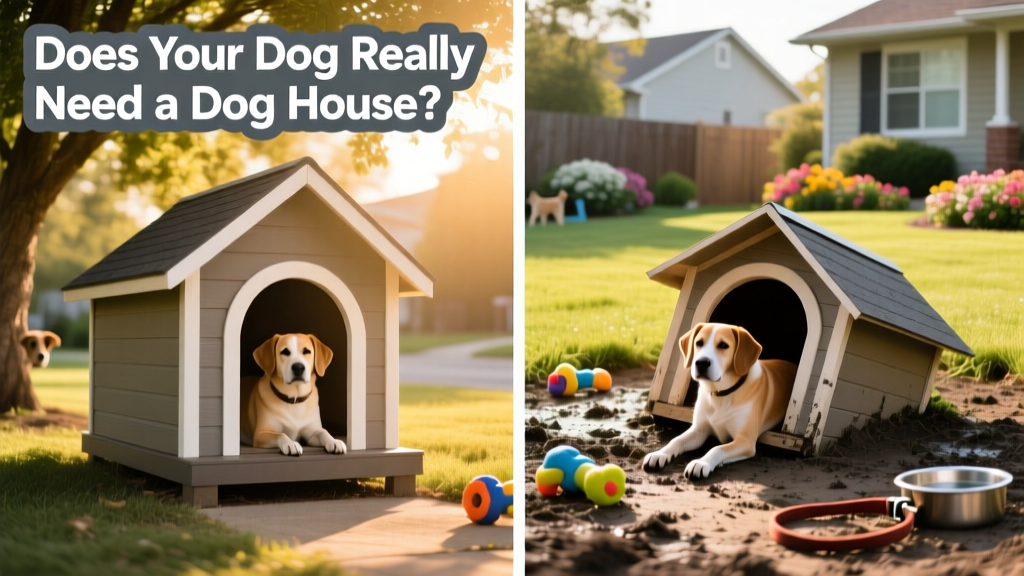 Side-by-side comparison showing correct vs. incorrect dog house placement: one shaded and level, the other in direct sun and on uneven ground