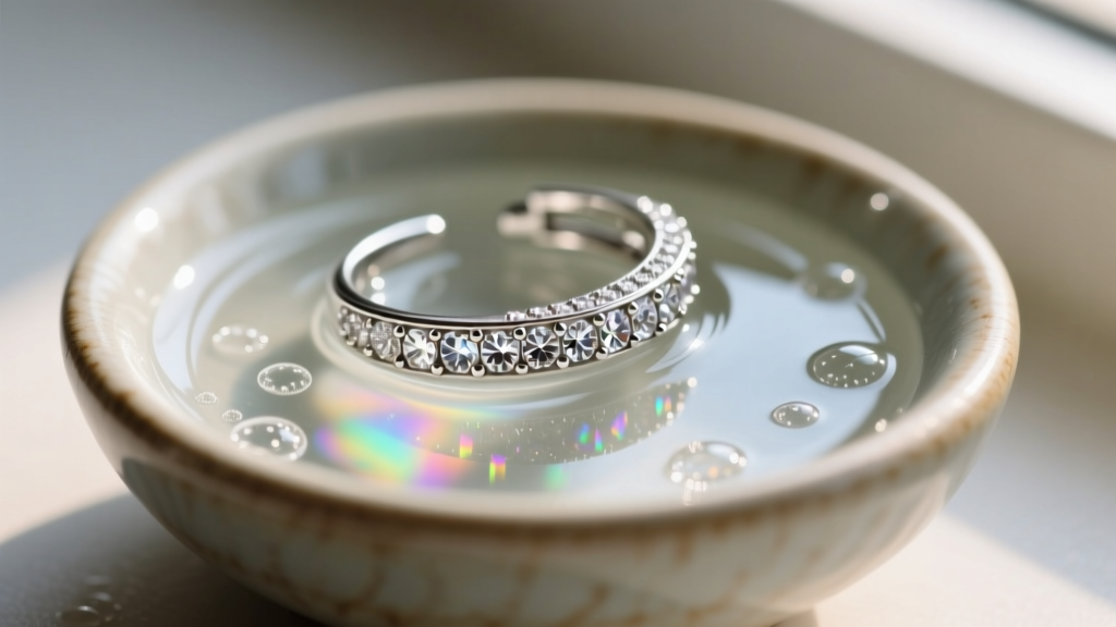 Macro photography of an intricate silver ear cuff with pave zirconia stones resting in a small ceramic bowl of mild soapy water.
