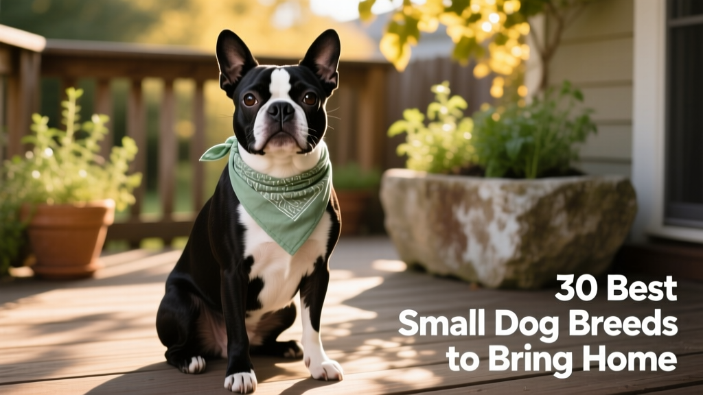 A Boston Terrier wearing a lightweight bandana, sitting attentively on a shaded patio—highlighting its tuxedo coat and expressive eyes