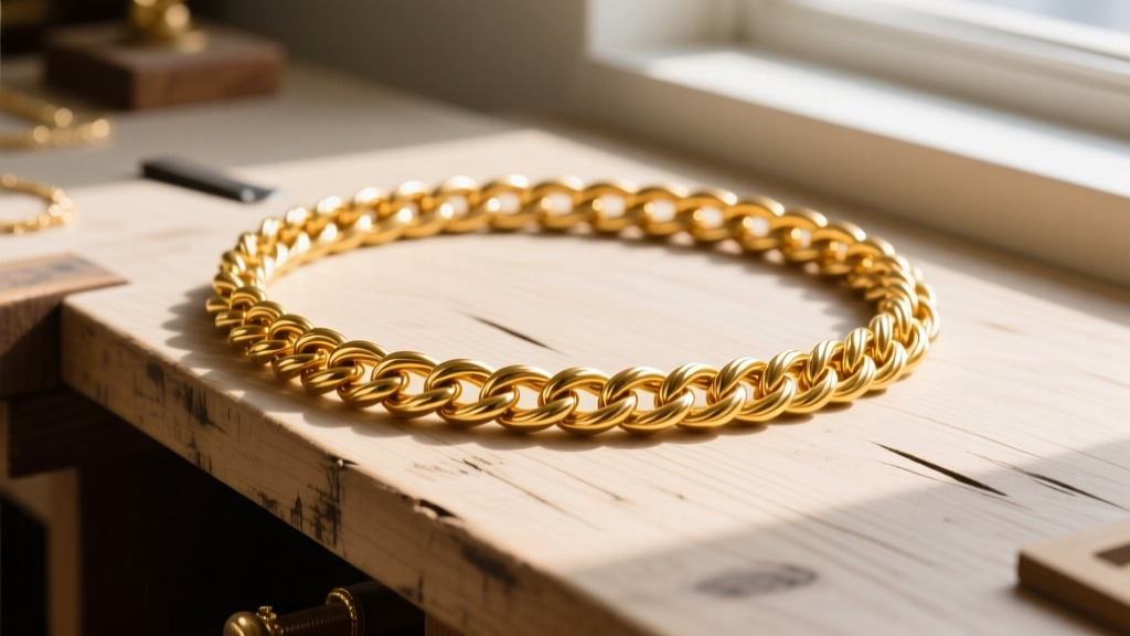 A thick 4mm 18k gold rope chain draped over a wooden jeweler's bench, showing the tightly woven links and sturdy lobster clasp.