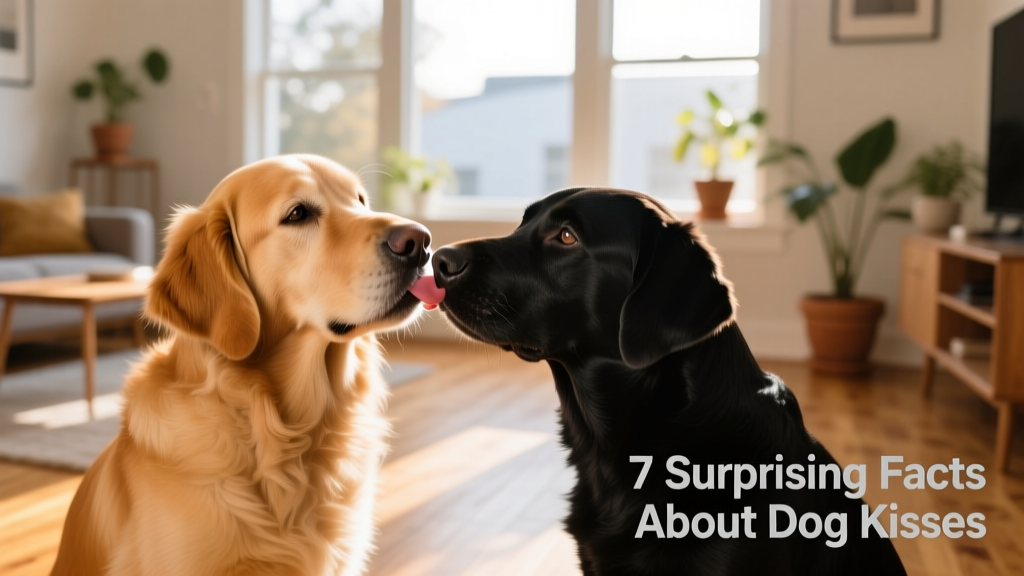 Two dogs interacting—one gently licking the other’s muzzle