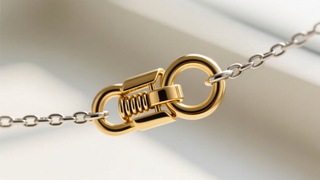 Macro shot of a gold lobster clasp securing a 5mm jump ring on a delicate chain, highlighting the secure locking mechanism