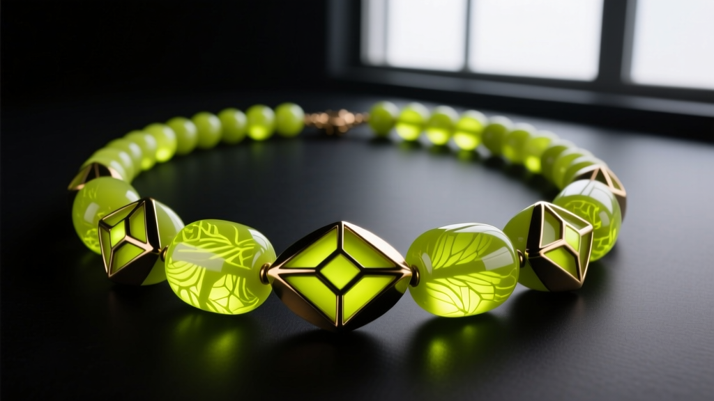 Carved Bakelite Art Deco bib necklace examined under UV light, revealing a bright yellow-green fluorescence glow on the beads.