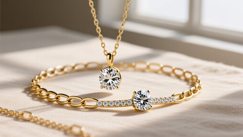 14k gold paperclip chains and bezel lab diamond pendants on neutral linen, soft natural lighting, minimalist B2B wholesale style