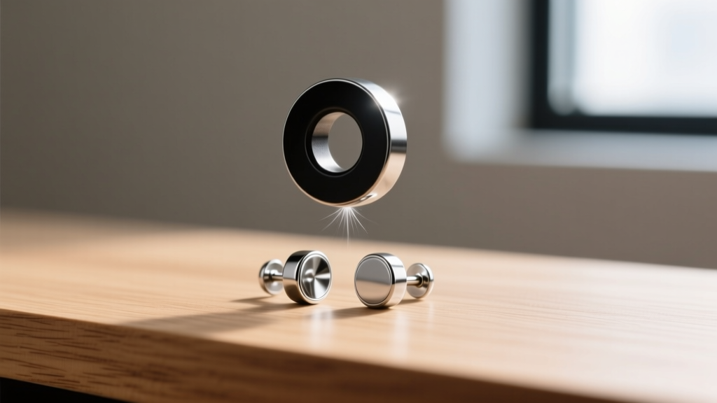 A neodymium magnet hovering over 316L surgical steel ear studs on wood, showing weak magnetic pull for metal authenticity testing