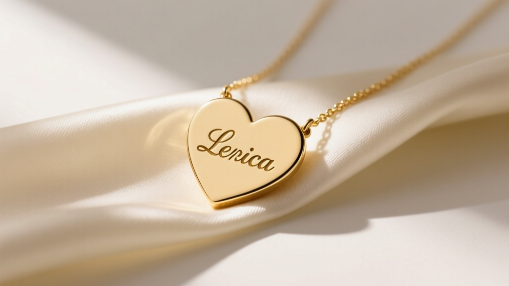 Flat lay of a solid 14k gold heart name necklace on cream silk, soft morning light highlighting the delicate engraved script font.