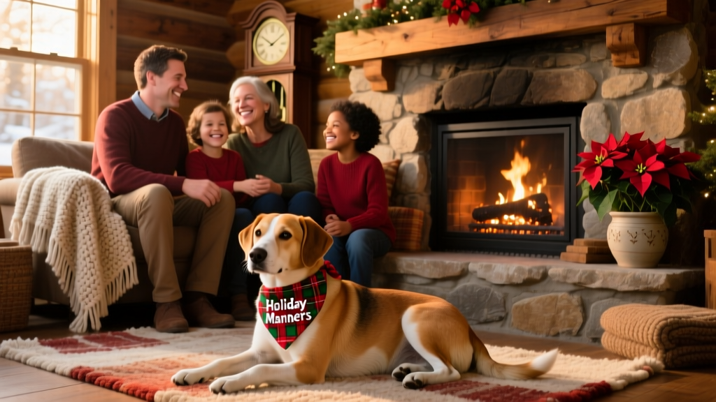 A happy family gathered around a fireplace, with a calm dog resting at their feet wearing a festive bandana
