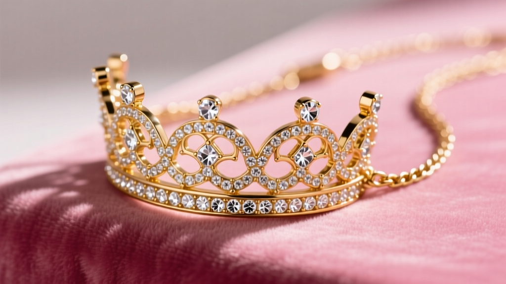 Gold-plated Juicy Couture crown necklace on pink velvet, showing pavé cubic zirconia crystals and a delicate brass cable chain.