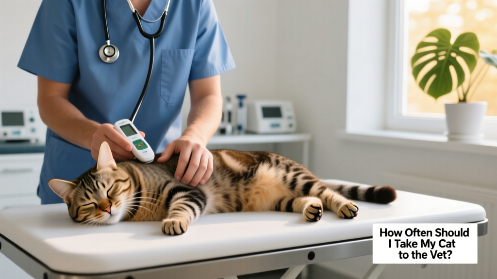 A calm cat receiving a gentle check-up on a veterinary exam table
