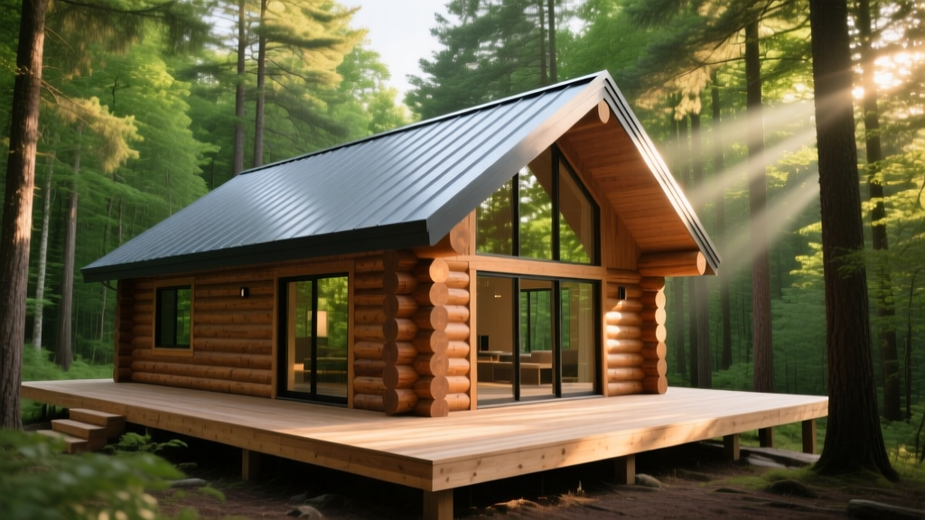 New 400-square-foot pine log cabin with standing seam metal roof, cedar wraparound deck, and large front windows in a dense forest setting