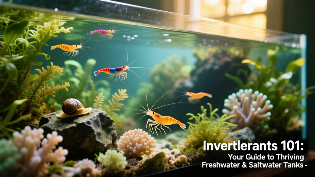 A vibrant mixed aquarium featuring colorful shrimp, snails, and soft corals thriving among live plants and rockwork